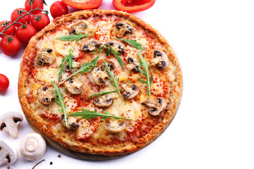 Tasty pizza with vegetables and arugula isolated on white