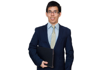 Business man holding digital laptop computer