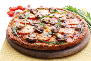 Tasty pizza with vegetables and napkin close up