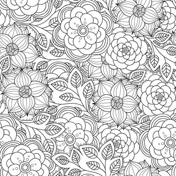 Floral seamless pattern. Zentangle doodle background. Black and white hand-drawn pattern.