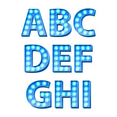 Blue bulbs lamps light glowing letters set.
