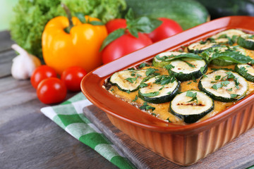 Casserole with vegetable mallow on table, closeup