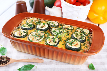 Casserole with vegetable mallow on table, closeup