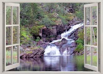 Open window view to mountain waterfall and pond - 89770295