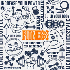 Typographic vector fitness gym seamless pattern or background