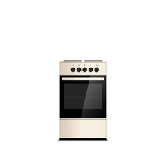Beige steel gas cooker with oven isolated on white. Stove. Glass cover. Black switch handles.