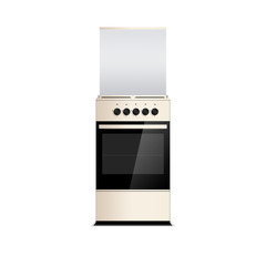 Beige steel gas cooker with oven isolated on white. Stove. Glass cover. Black switch handles.
