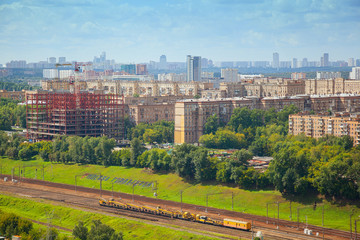 Cityscape, old part of the city of Moscow. The railroad in the foreground