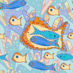 Pattern of abstract graphic fishes, algae, blue and beige. Vector Illustrator