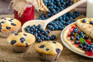 Blueberry muffins and pancakes