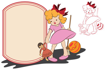 Vector illustration. Funny girl with toys in the background for