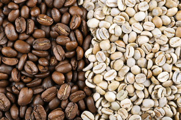 Green and brown coffee beans close up