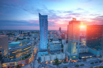 Panele Szklane  Panorama Warszawy o zachodzie słońca