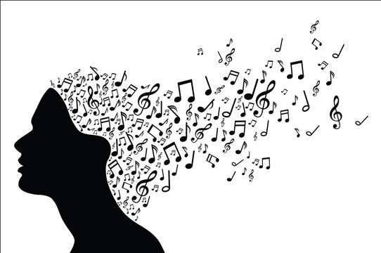 Woman head silhouette with music notes