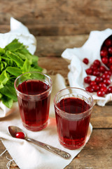 Two glasses with cherry juice on table, on wooden background