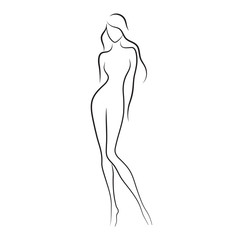 Naklejka premium Sylwetka pięknej nagiej kobiety, ilustracja wektorowa. Dziewczyna z długimi włosami w tle. Logo marki Beauty.