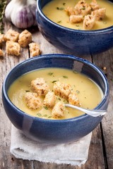 homemade zucchini cream soup with croutons