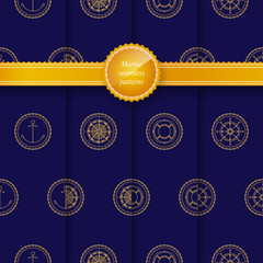 Set of Seamless Patterns with Marine Element on a Navy Background for Web Design or Wallpaper or Fabric, Golden Anchor , Compass Rose, Lifebuoy,Ship's Wheel , Vector Illustration