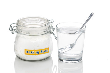 Baking soda in jar, spoonful and glass of water for multiple hol