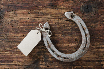 Horseshoe with an empty tag on vintage wooden board