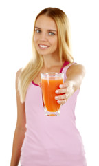 Young beautiful woman with glass of fresh grapefruit juice, isolated on white