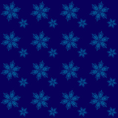 Fototapeta na wymiar Snowflakes on blue background seamless.