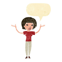 cartoon woman shrugging shoulders with speech bubble