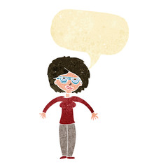 cartoon woman shrugging shoulders with speech bubble