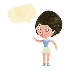 cartoon woman waving with speech bubble