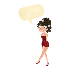 cartoon woman posing in dress with speech bubble