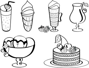 Desserts: ice cream, cake, cocktail, cappuccino, drinks
