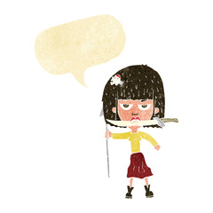 cartoon woman with knife and harpoon with speech bubble