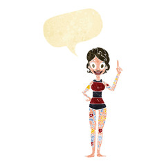 cartoon woman covered in tattoos with speech bubble