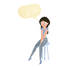 cartoon pretty girl on stool with speech bubble