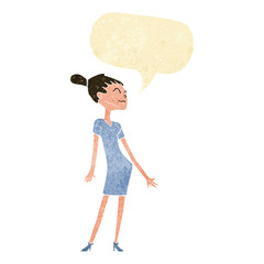 cartoon woman in dress with speech bubble