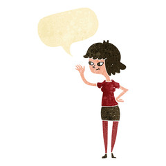 cartoon friendly girl waving with speech bubble