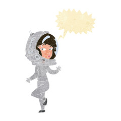 cartoon woman wearing space helmet with speech bubble