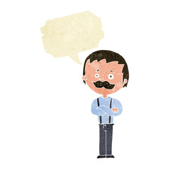 cartoon man with mustache with speech bubble