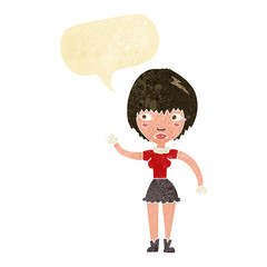 cartoon waving woman with speech bubble