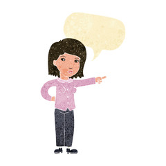 cartoon woman pointing with speech bubble