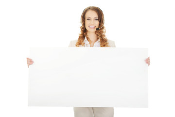 Call center woman with empty banner.