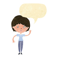 cartoon waving woman with speech bubble