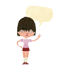 cartoon waving woman with speech bubble
