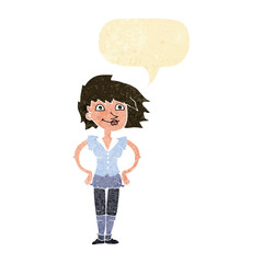 cartoon woman with hands on hips with speech bubble