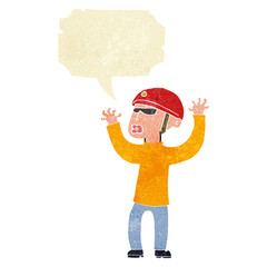 cartoon security man panicking with speech bubble