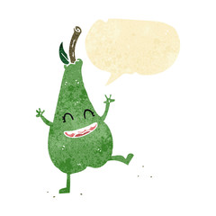 cartoon happy dancing pear with speech bubble