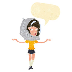 cartoon woman wearing space helmet with speech bubble