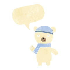 cartoon waving polar bear with speech bubble