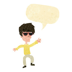 cartoon waving cool guy with speech bubble