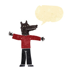 cartoon happy wolf man with speech bubble
